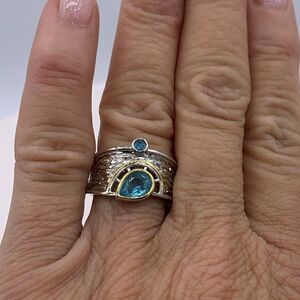 NWOT, large cigar band, 925 sterling silver, textural, gold accent, aqua…